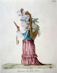 Madame of the Three States En kvinde, der bærer elegant tøj og bærer en kurv med frugt og grøntsager, der repræsenterer de tre stater på tidspunktet for den franske revolution. Stik fra 1789. Arsenals bibliotek, paris