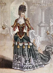 Mademoiselle Desmatins i rollen som Psyche i Lullys opera, ca. 1703 (farvestik)
