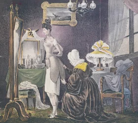 Tjenestepige hjælper sin elskerinde med at klæde sig i polstring til bryster og underdel, ca. 1830