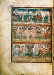 Manuskriptside, der repræsenterer episoder fra Adam og Evas liv: Adams og Evas skabelse. Arvesynden. Udvisning fra paradis (miniature)