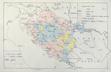 Kort over Bosnien med oplysninger om områder beboet af etniske minoritetsgrupper, 1910