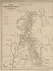 Kort over Laos og Mekongfloden, der viser ruten for Henri Mouhots rejse, illustration fra Rejser i de centrale dele af Indokina (Siam), Cambodja og Laos i årene 1858, 1859, a