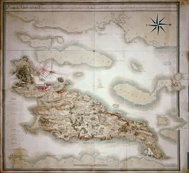 Kort over Rhode Island på tidspunktet for dets besættelse 1780-81 af den franske hær på ordre fra Jean-Baptiste de Vimeur (1725-1807) greve af Rochambeau