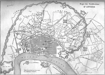 Kort over byen Antwerpen (Belgien) i 1859; som repræsenterer projektet med de nye fæstningsværker. Indgravering i "" Le Monde Illustré"" nr. 128 af 24. september