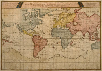 Kort, der viser verdenshandelens skibsruter, kartografi af Pierre Duval (1619-83) udgivet i 1686, Paris (farvegravering)