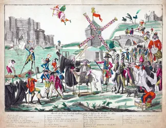 Marche du Don Quichotte Moderne pour la Défense du Moulin des Abus, udgivet 1791 (håndkoloreret radering)