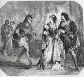 Marguerite de Baviere, hertuginde af Bourgogne (1363-1423) og dronning Isabeau (Isabelle, Elisabeth) af Baviere (1371-1435) adskiller Ludvig I af Valois, hertug af Orleans (1372-1407) og Jean Sans Ppeur, hertug af Bourgogne ( 1371-1419), som kæmper for reg