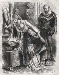 Marguerite de Valois (1553-1615), kendt som dronning Margot, gemmer Julien de Leris, sin elsker, i et pengeskab. Hendes mand, kong Henrik IV af Frankrig (1553-1610), observerer scenen med sjov. 16. århundrede. Indgravering fra 1871 i "Histoire Des Cocuses 