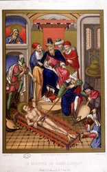 Martyrium of Saint Laurent (grill) efter miniature af middelalderen, Frankrig 14. århundrede.