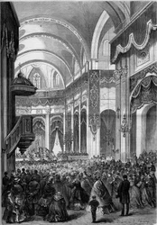 Allehelgensmesse fejret i kirken Saint Nicolas du Chardonnet i Paris, dekoreret som Sankt Peter af Rom for kanoniseringen af Japans martyrer. 1862. Indgravering i "" Le Monde Illustré"" nr. 291 af 8. november 1862.