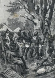Massakre i Congo: Europæernes forsyninger fra kannibaler. I "Le petit Parisien"" fra 1898.