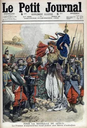 Medalje til veteraner fra krigen 1870-1871: allegori om Frankrig, der yder retfærdighed til fortidens helte - "Le Petit Journal" af 19. december 1909 (gravering)