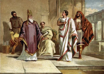 Møde mellem kejser Flavius Julius Valens (328-378) romersk kejser og den hellige Basil af Cesaree eller Basil den Store (330-379), eveque og kirkens fader. Kromolitografi i slutningen af det 19. århundrede