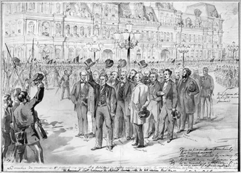 Medlemmer af den provisoriske regering inspicerer nationalgarden foran Hôtel de Ville i Paris den 31. oktober 1870, ca. 1870
