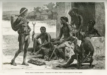 Mænd, kvinder og redskaber (Bihe-regionen, Rwanda). Stik af D. Maillart til at illustrere historien om, hvordan jeg krydsede Afrika fra Atlanterhavet til Det Indiske Ocean, af major Serpa Pinto, i 1877-1878, udgivet i Tour du monde, under ledelse af Ed.