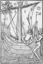 Middelalderens handelsskib midt i havets farer. Gravering i "La Marine et les kolonier: handel"
