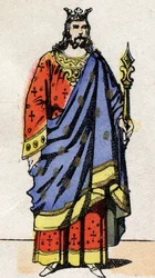 Merovingerdynasti: Portræt af Dagobert III (699-715) Frankernes konge fra 711 til 715. Epinal billeddannelse fra slutningen af det 19. århundrede. Privat samling.