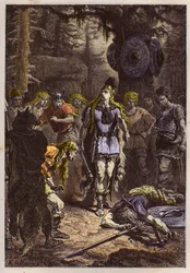 Merovingiens: Clovis 1er, der skød soldaten ned, der havde knust Soissons vase, da 486 - Clovis (465-511) og den frankiske kriger, der knækkede Soissons Vase i 486 - gravering fra "" L