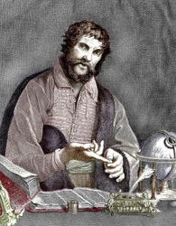 Michel de Nostredame, alias Nostradamus (1503-1566) fransk astrolog og læge, gravering, farvelagt dokument