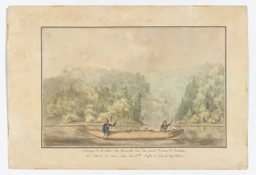 Micmacks in their birchbark canoe; Strait of Canso between Nova Scotia in the island of Cape Bretondani