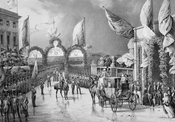 Militær hæder til King a Gosport - Louis Philippe 1. (1773-1850), konge af franskmændene, prins Albert (1819-1861) og Victoria (1819-1901), dronning af England på Gosport Station under Louis-Philippes officielle rejse til Storbritannien (1844) - Louis-Phil