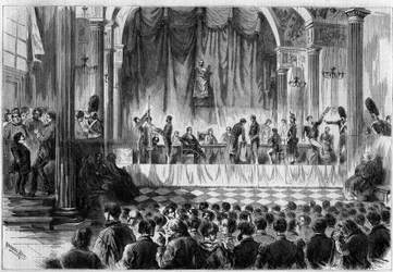 Militær rekruttering: lodtrækning om værnepligtige fra 1858 i Saint Jean-værelset på Hotel de Ville i Paris. Indgravering i "" Le Monde Illustré"" nr. 44 af 13. februar 1858.