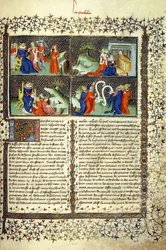 Miniature, der illustrerer mødrenes dom, ankomsten af dronningen af Saba, Salomons undervisning og lægernes disputation, ca. 1410