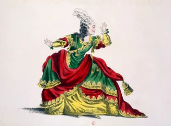 Miss Sainval som Zenobie i Zenobie and Rhadamisthe, faksimile af Guillaumot fils (håndkoloreret gravering)