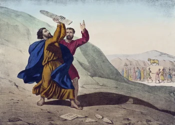 Moses bryder lovens tavler og tilbedelsen af guldkalven, illustration fra en katekismus LHistoire Sainte, udgivet af Charles Delagrave, Paris, slutningen af det 19. århundrede