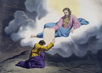 Moses modtager lovens tavler, illustration fra en katekismus LHistoire Sainte, udgivet af Charles Delagrave, Paris, slutningen af det 19. århundrede