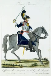 Beredet officer fra den kongelige gardes cuirassiers, fra Troupes Francaises, pub. hos Basset, Paris, ca. 1790