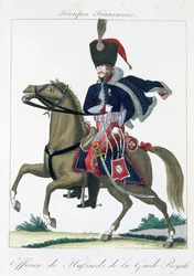 Beridet officer for Husarerne af den kongelige garde, fra Troupes Francaises, pub. hos Basset, Paris, ca. 1790