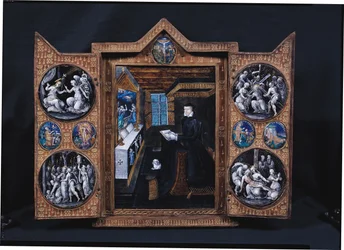 Sørgeskab med scener fra Kristi liv og attributter af Henri II (1519-59) og Catherine de Medici (1519-89) (emalje og træ)