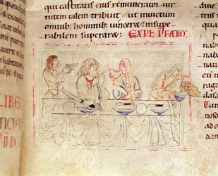 Ms.1215 t.3 fol.158v, Måltid med Judith og Holofernes, fra Etienne Hardings bibel, 1109