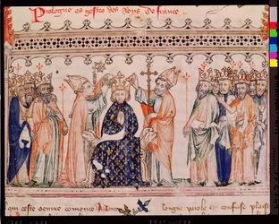 Ms.1469 f.1 Indvielsen af ​​Filip III den dristige (1245-85) konge af Frankrig, fra Grandes Chroniques de France, 1375-79