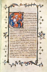 Ms.239 fol.1 Side med en historisk initial, der skildrer en siddende mand foran Lykkehjulet, fra 