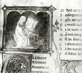 Ms.3142 fol.256 Marie de France (fl. 12. århundrede) skrift, fra en antologi med franske digte, ca. 1280-90 (detaljer)