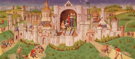 Ms. 0242 f.48v Udsigt over en by med arbejdere, der baner veje, der fører op til byportene med brosten, mens kongen står i et kammer og dikterer til to skriftlærde