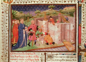 Ms 1015 fol.1 Opførelse af et slot, fra regering af konger og fyrster