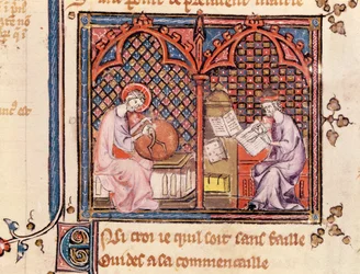 Ms 1044 Fol.16v Ordet, verdens skaber og forfatteren, der skriver sin bog, fra Ovide Moralise skrevet af Chretien Legouais