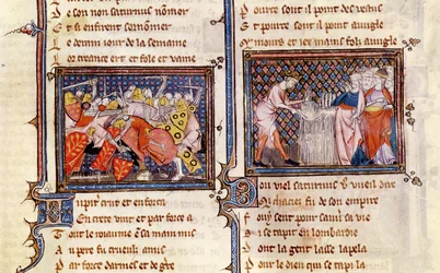 Ms 1044 fol.20 Jupiter versus Saturn: Saturn lærer langobarderne, hvordan man bruger en segl, fra Ovide Moralise skrevet af Chretien Legouais