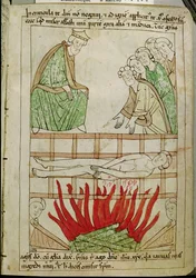 Ms 108 fol.213 The Martyrium of St. Lawrence i 258 AD, fra en bibel