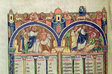 Ms 10 f.128v Evangelisternes kanon, detalje, der skildrer Kristus, der helbreder manden med vatter og uddriver dæmoner fra en besat mand, fra en latinsk bibel