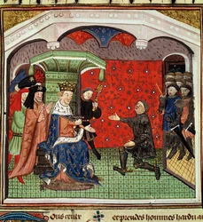Fru 1142 fol.4 Bertrand du Guesclin (ca. 1320-80) før Karl V (1338-80) og hans hof