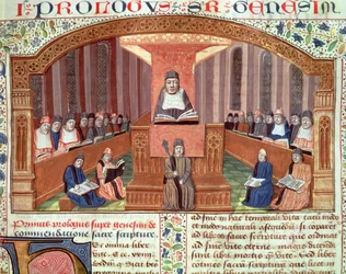 Ms 129 f.32 En lektion i teologi ved Sorbonne, fra Postilles sur le Pentateuch, illustration til tekst skrevet af Nicolas de Lyre
