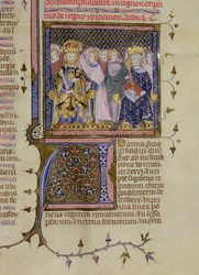 Ms. 13, fol. 232: Kroningen af Ludvig 9. (1214/15-70) og sandsynligvis Frederik 2. (1194-1250), fra et psalter af Pierre Lombard, tidligt 15. århundrede