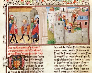 Ms 149 t.1 fol.16 En aftale og bygningen af et slot, fra Histoire des Nobles Princes de Hainaut, af Jacques de Guise