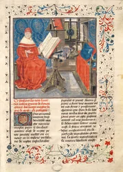 Ms 149 t.1 fol.4 Portræt af forfatteren, fra Histoire des Nobles Princes de Hainaut, af Jacques de Guise