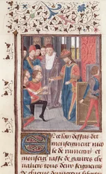 Ms 149 t.3 fol.95v Udnævnelse af to riddere, fra Histoire des Nobles Princes de Hainaut, af Jacques de Guise