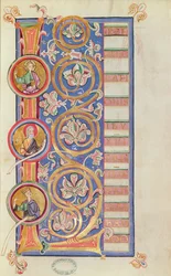 Ms 14 fol.23 Historikert initial L med medaljoner, fra en evangelist